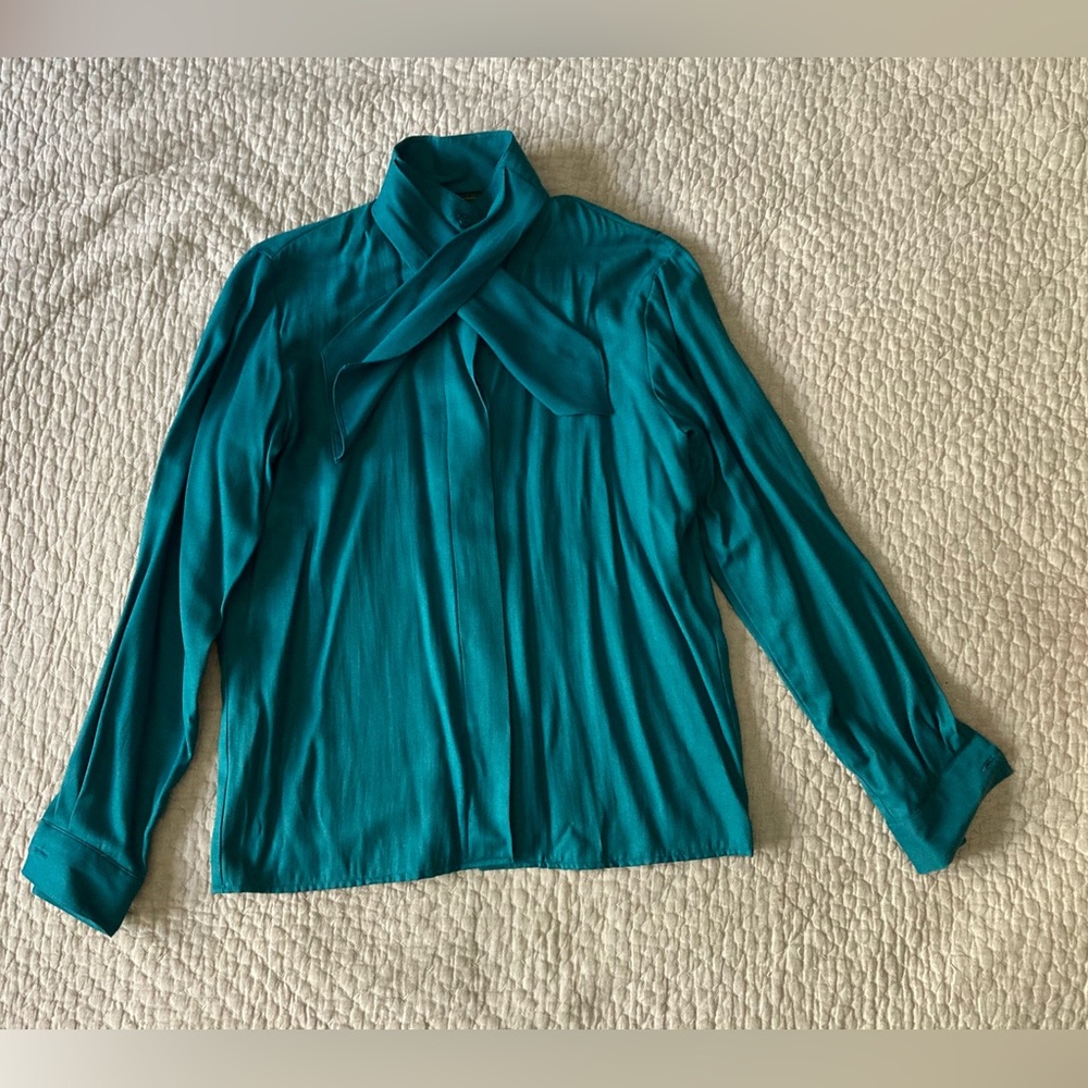 Vintage Small Green Button Up Blouse with Neck Tied Pine and Co